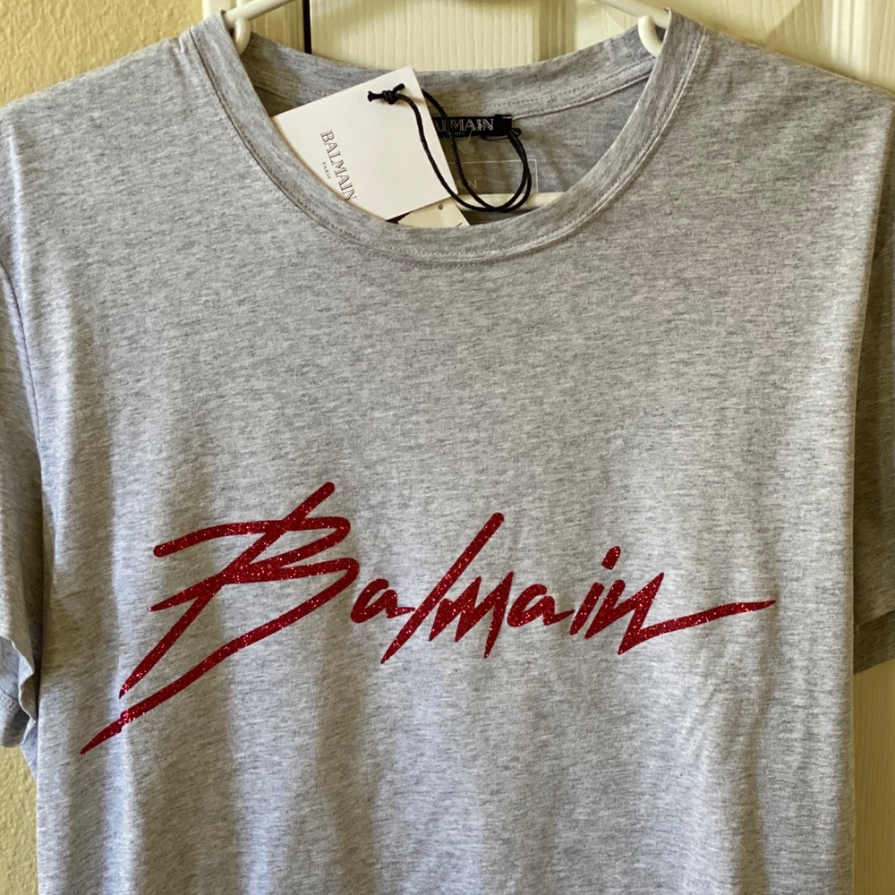 Balmain iconic glitter signature logo grey Tshirt size L NWT 100% authentic